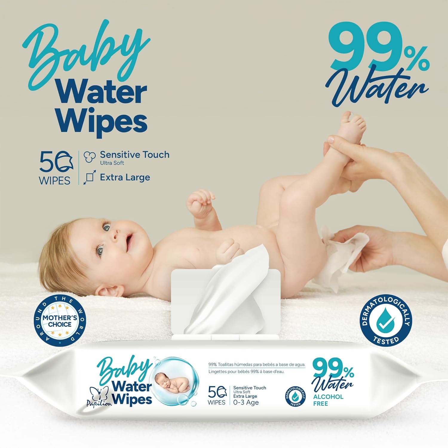PAPILION 99% Water Baby Wipes, Extra Large Diaper Wipes for Sensitive Skin, Fragrance-Free, Dermatologically Tested, Soft & Durable Fabric, Flip-Top Pack, Gentle Cleansing, 50 PCS X 12 Units