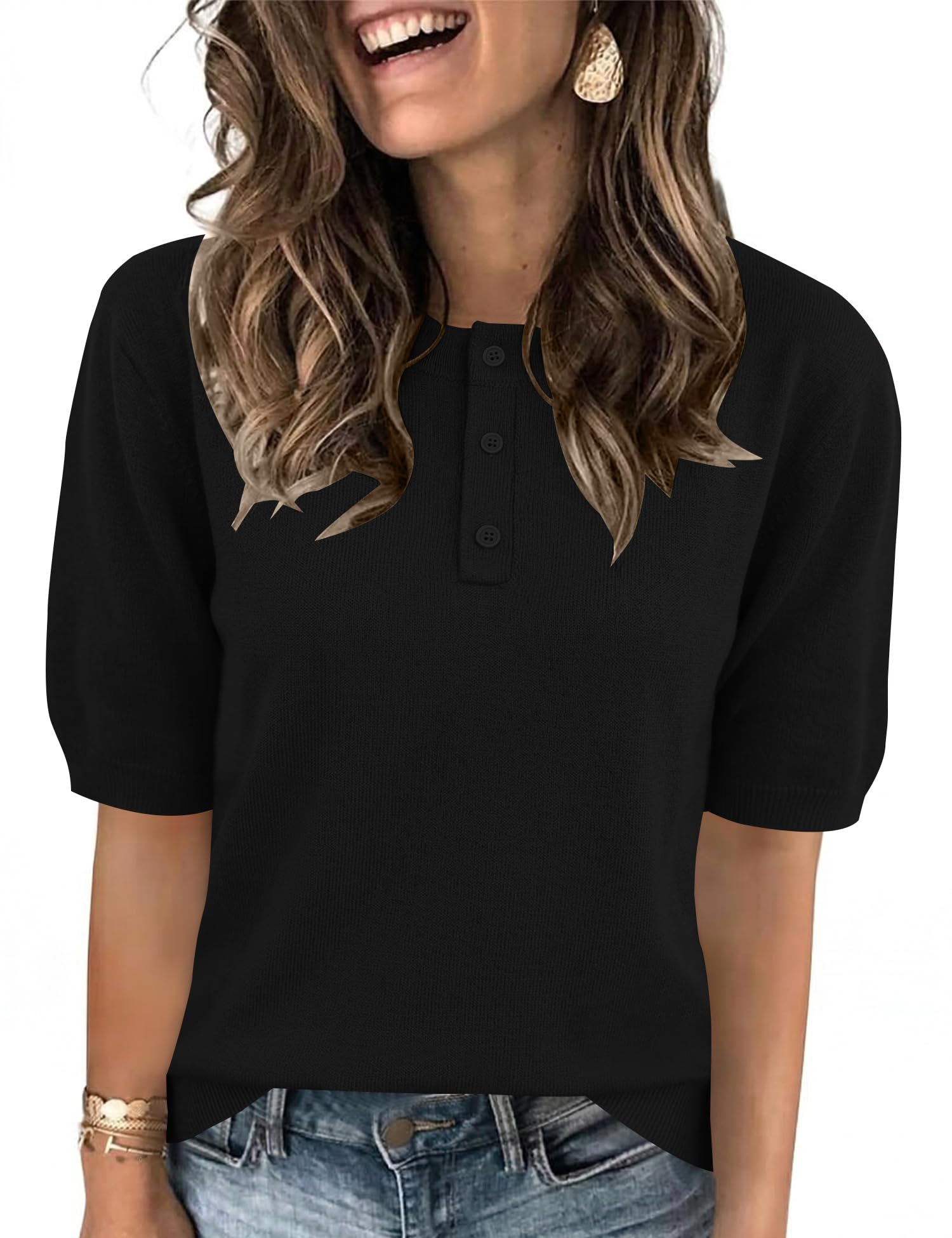 AKEWEI Sweaters for Women Crew Neck Short Sleeve Tops Knit Button Down Shirts Pullover Sweater
