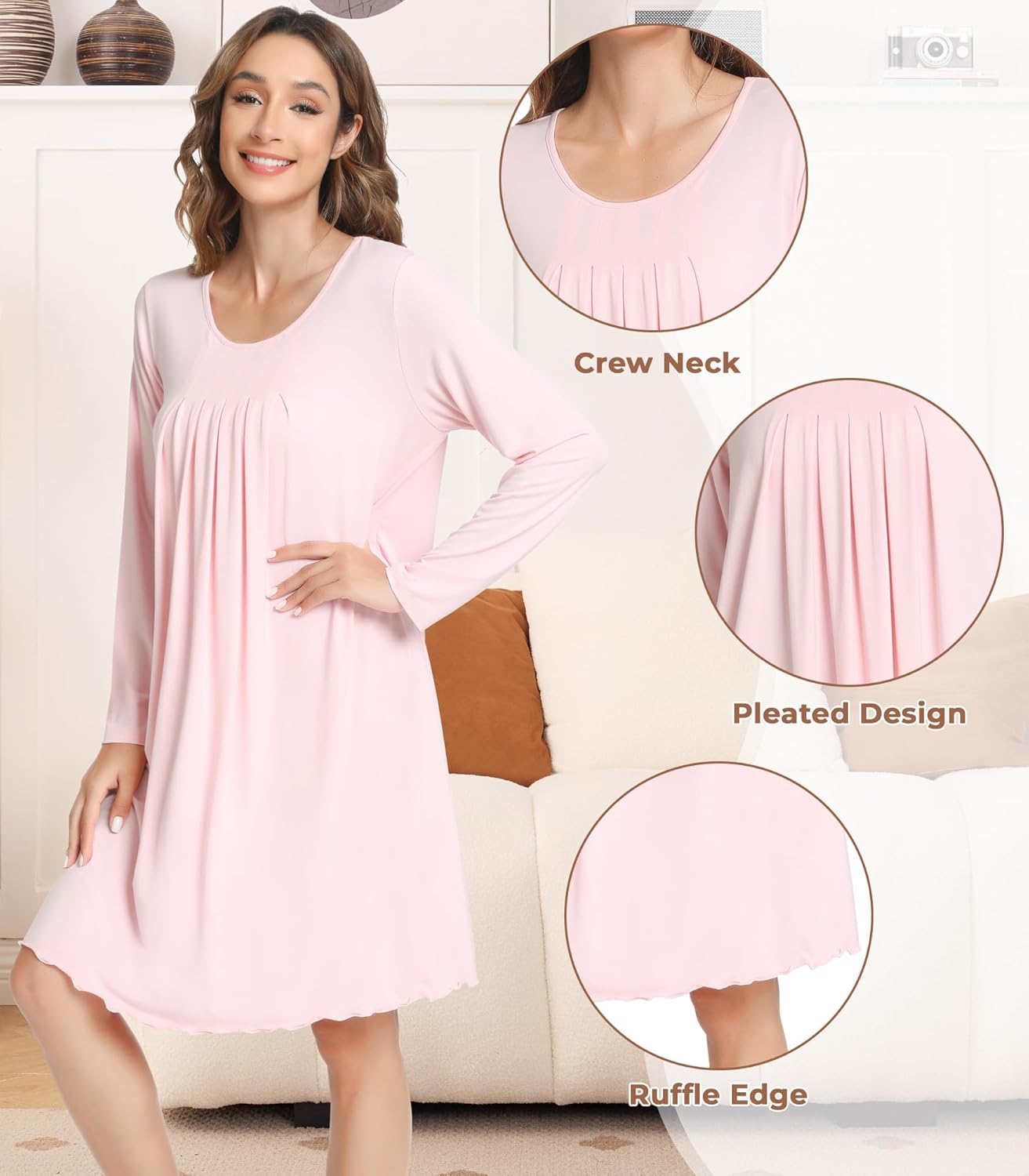 NACHILA Nightgowns for Women-Viscose Made from Bamboo,Long Sleeve Night Shirt Soft Sleepshirt Satin V Neck Sleepwear