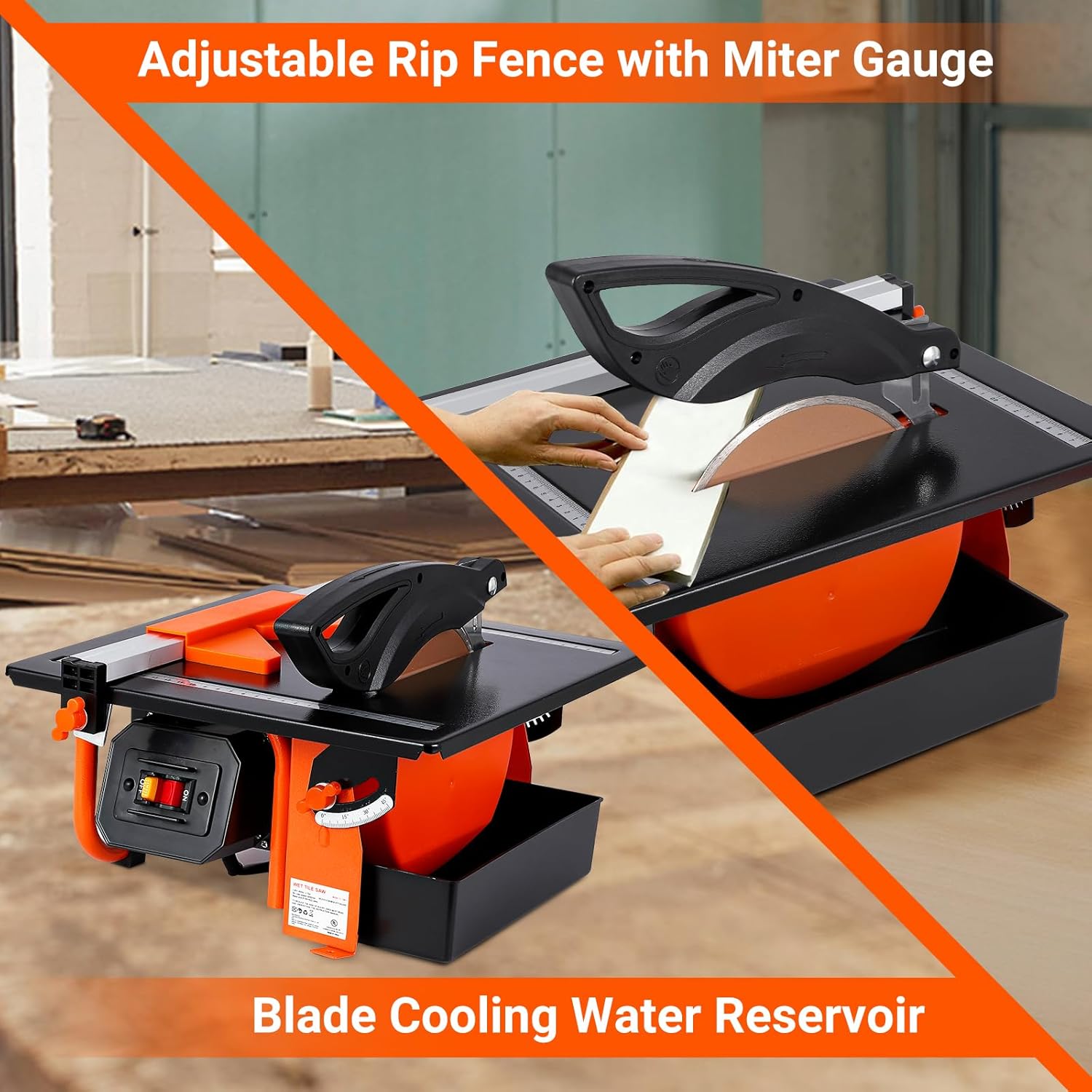 7 inch Wet Tile Saw, 3450 RPM, Bevel cuts tile from 0 to 45 Degrees, Tile Cutter Wet Saw with Water Reservoir for Cutting Tiles and Stones, for DIY Enthusiasts