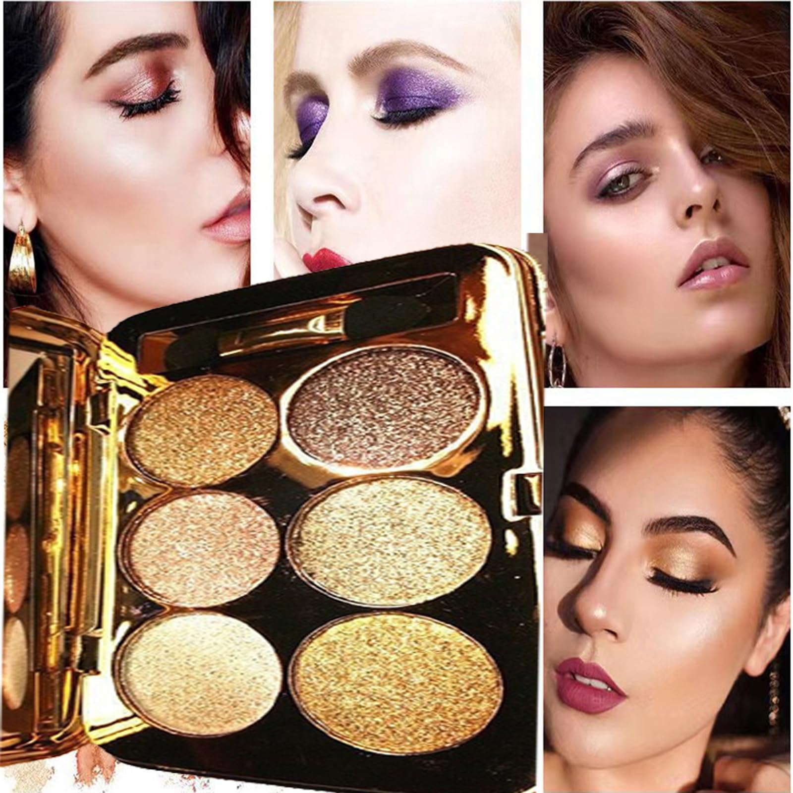 Glitter Eyeshadow Palette Makeup Set,6 Colors Shimmer Eyeshadow Palette Gold Eyeshadow Highly Pigmented Long Lasting Waterproof Nude Eyeshadow Palette Make Up Palettes for Women 2-5 Days Delivery