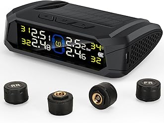 RV Tire Pressure Monitoring System, 2.8” TPMS (0-87 PSI) Tire Pressure Monitor System with Solar Charger, RV TPMS with 4 External Sensors & 5 Alarm Modes, 2025 LCD Display, Auto Sleep Mode