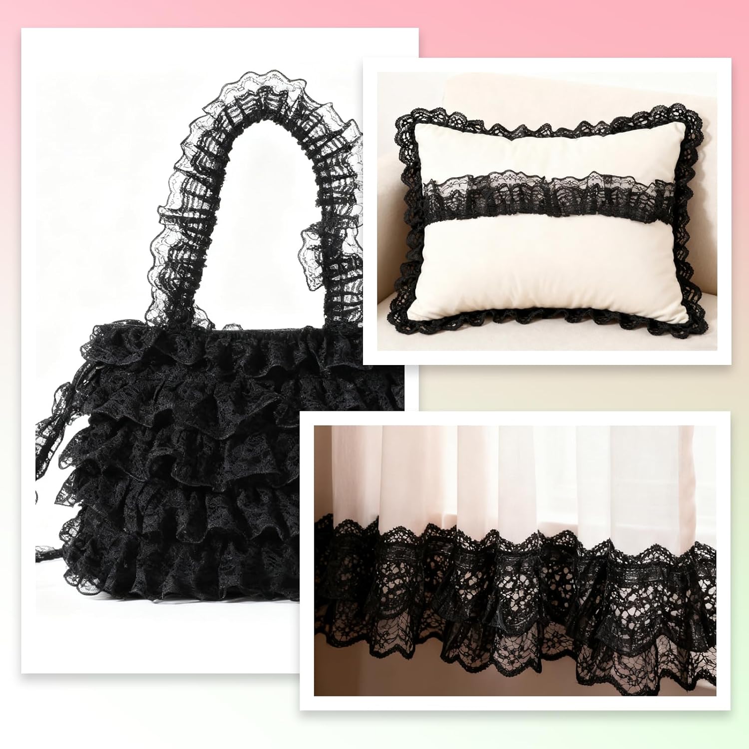 5 Yards Double Layer Ruffle Trim, 1.97 in Width Black Lace Ribbon, Vintage Lace Fabric Embroidered for Sewing, Clothes, Dresses, Craft, Bag, Gift Package, Wedding Decoration