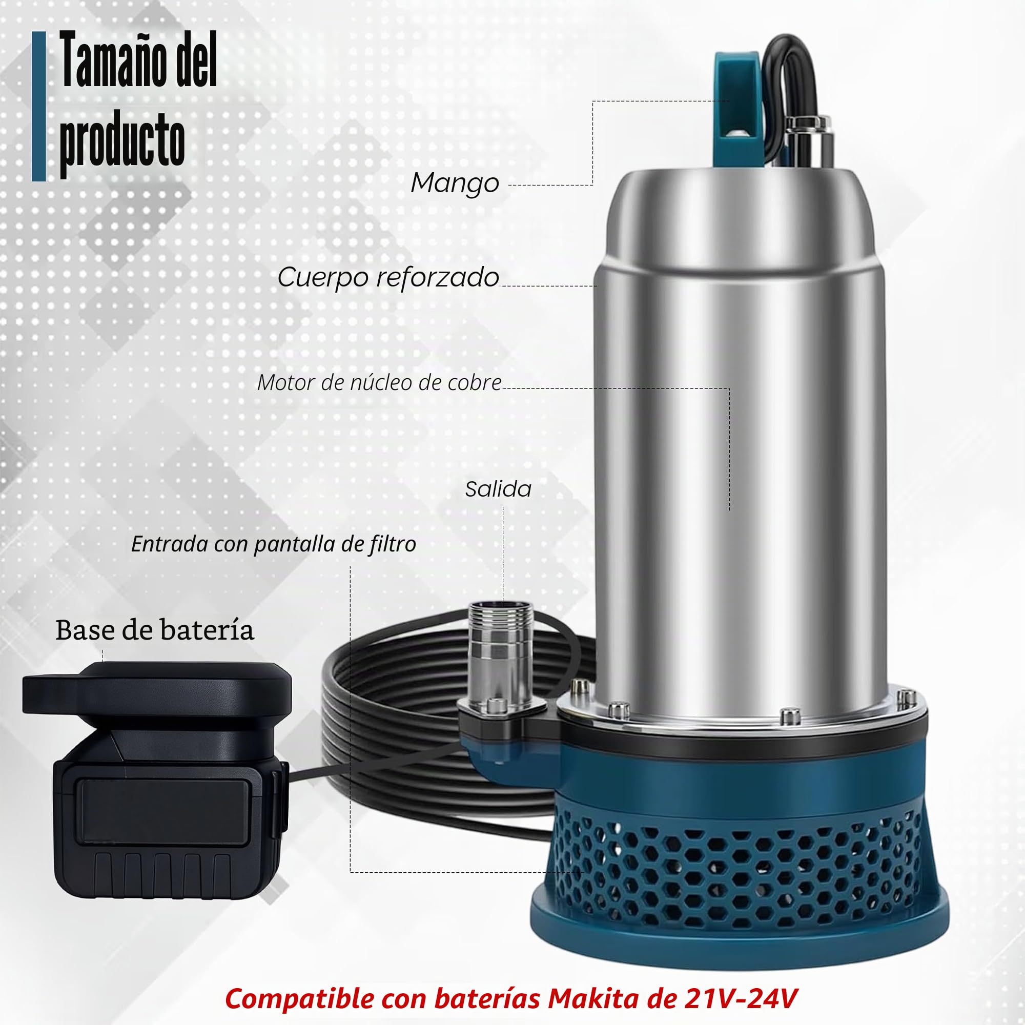 Bomba Sumergible Compatible Con Batería Makita De 24 V | Bomba De Aguas Residuales Con Manguera De 10 M Y Cable De Conexión De 5 M, Para Agua Sucia
