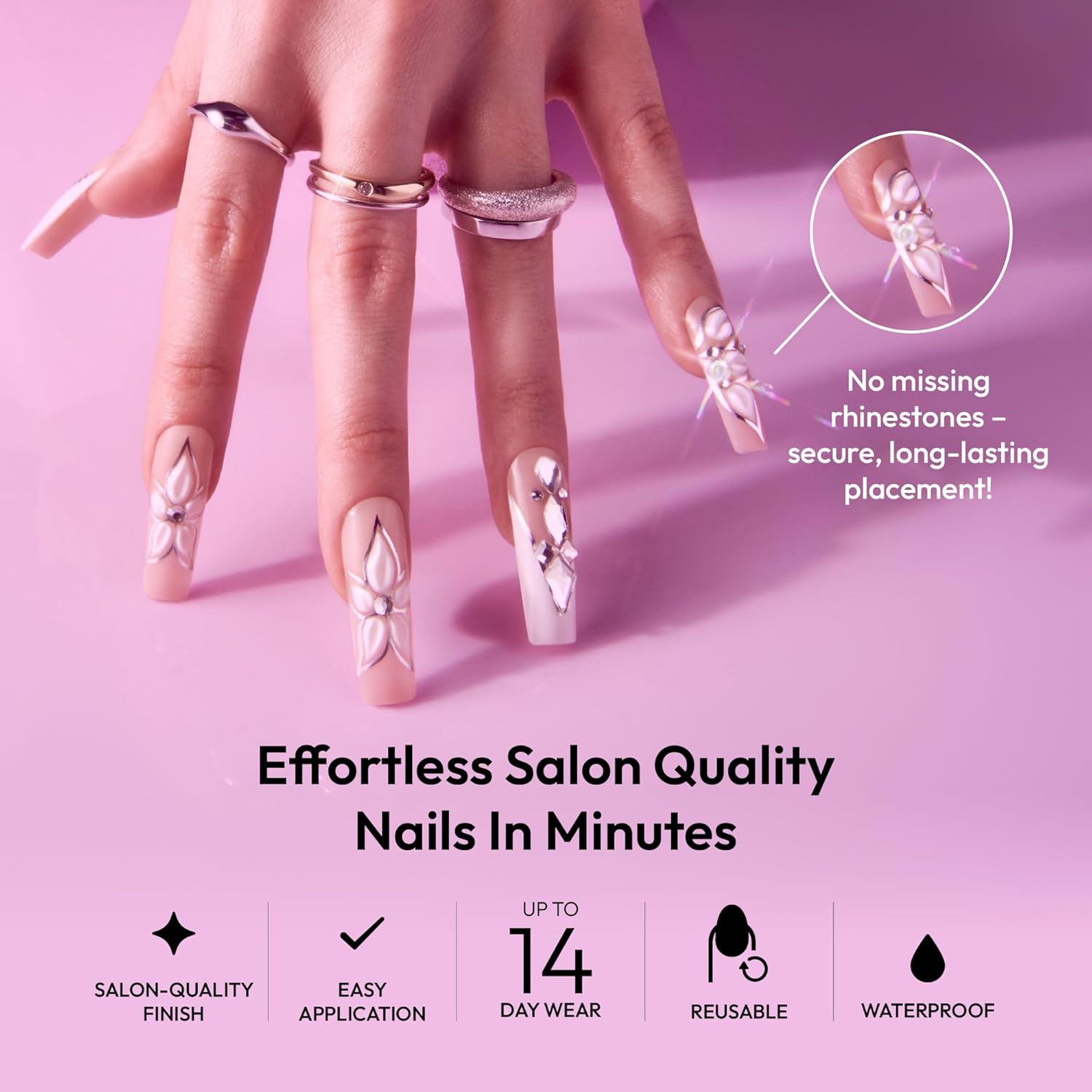 Glitzy 3D Handmade Press On Nail Kit, Rhinestone Gem White Flower French Tip X-Long Square False Nail, Reusable & Lasts Up To 2 Weeks, Seamless Snug Fit Technology, Includes Glue & 28Pcs Manicure Set