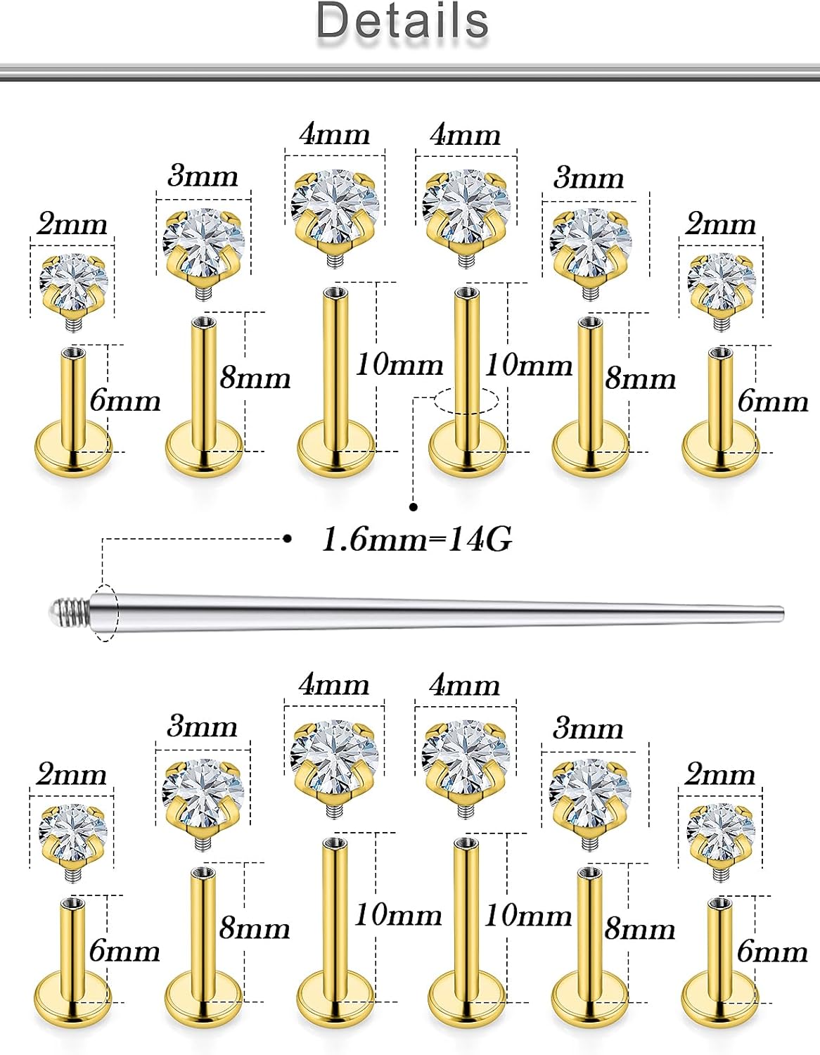 18G 16G 14G Lip Labret Medusa Nose Rings Studs Flat Back Earrings Internally Threaded 316L Surgical Steel Snake Bites Lip Rings Flat Back Cartilage Tragus Helix Conch Earring Stud 6mm 7mm 8mm - Image 2
