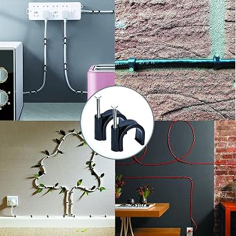 Round Cable Clips, 100Pcs 6MM Electrical Cable Wall Clip - Nail Clips Cable Management, Steel Nails Tacks Holder for Organizing Electric Wires Cables Line TV (Black)