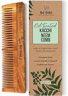 Kacchi Neem Wooden Comb, Soaked In 17 Herbs Neem & Sesame Oil For Multi-Actions - Detangling, Frizz Control & Shine,Suited For All Hair Types (Dual Tooth)