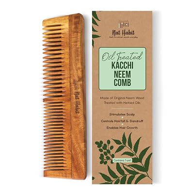 Nat Habit Kacchi Neem Wooden Comb, Soaked In 17 Herbs Neem & Sesame Oil For Multi-Actions - Detangling, Frizz Control & 