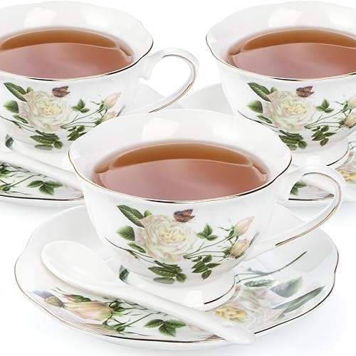 Miniatura 3 de Foraineam Juego de taza de té y platillo, tazas de café floral marfil de porcelana con platillos y cucharas, juego de taza de té de 6 onzas con