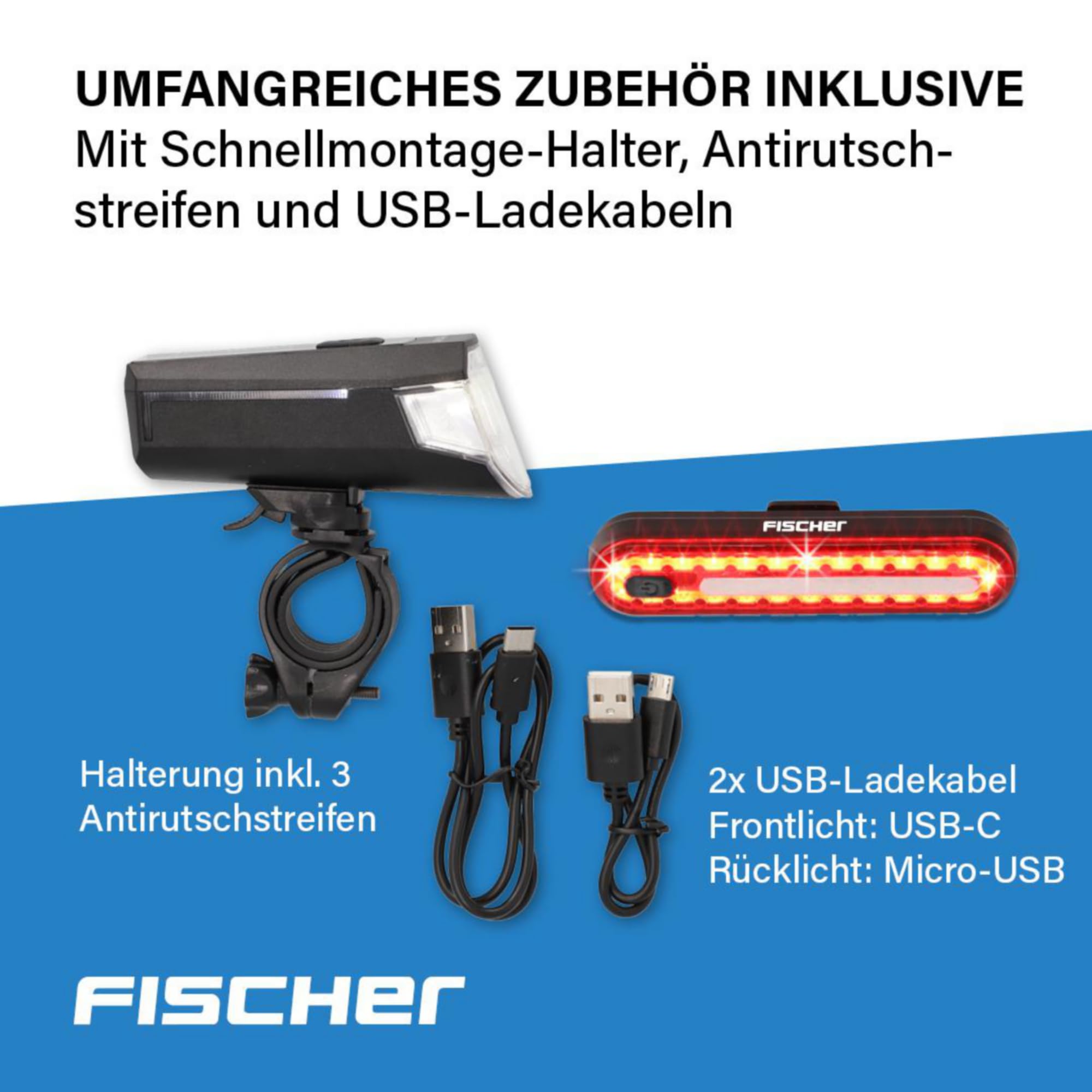 Fischer Juego de iluminación para Bicicleta 80/40/20 Lux, Juego de Luces de batería, luz Delantera y Trasera, con batería y función de Carga USB, 3 Funciones de luz, protección contra Salpicaduras