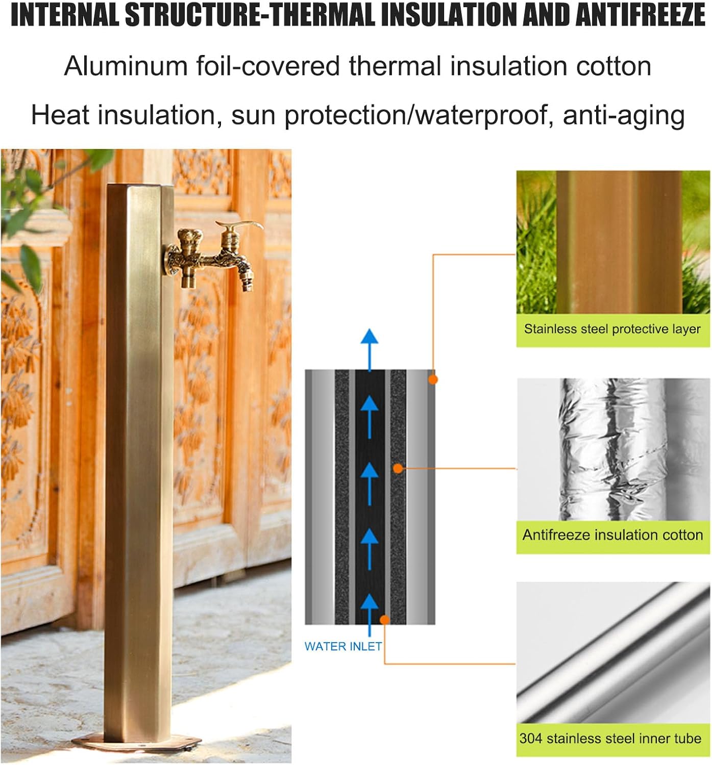Stainless Steel Garden Water Column, Outdoor Anti-Freeze Water Pipe Column, Courtyard Water Station Dispenser Hydrant Faucet with Spray Gun, Water Fountain Backyard Irrig(Side)