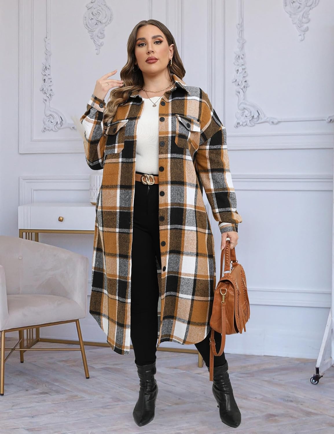 CYCLAMEN 2024 Women's Plus Size 1X-5X Long Flannel Plaid Shacket Jacket Calf-Length Button Down Coat Shirt Pocket Fall Winter - Image 3