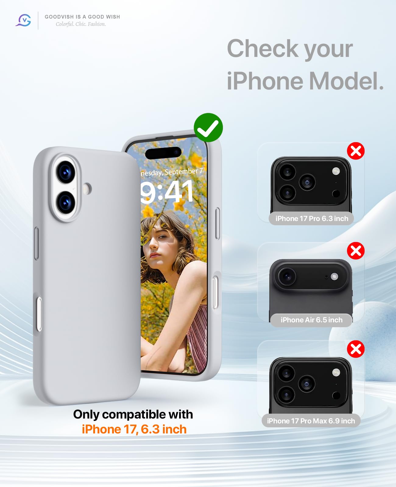GOODVISH 3 in 1 Silicone Cover per iPhone 17 6.3", Custodia con 2 Pellicola Vetro Temperato [Protezione Fotocamera] 360° Protezione Anticaduta Case per Cellulare Antiurto Resistente, Grigio Acciaio