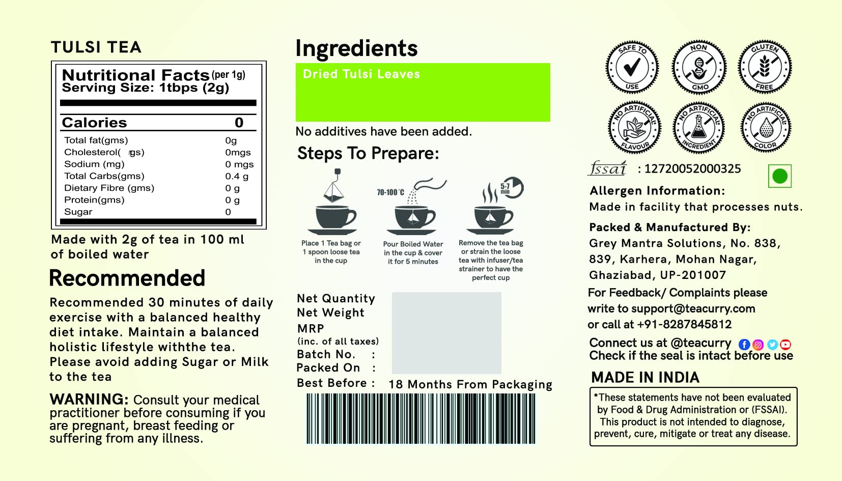TEACURRY Tulsi Leaves Tea - (60 Pyramid Tea Bags) - Helps with Sugar Levels, Immunity, Dental Care, BP – Himalayan Basil Leaves - Image 3 thumbnail