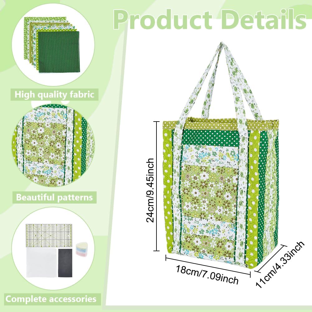 PLIGREAT DIY Quilted Tote Bag Kit Stripes Bag Quilted Starter Kit for Adult Beginners Handmade Shoppers Tote Making with 7 Pcs Square Green Floral Fabric, Complete Quilting Tools and Instructions