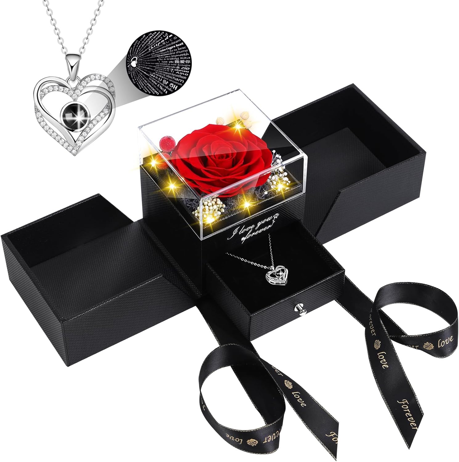 Preserved Red Real Rose Flowers in Box with I Love You in 100 Languages Necklace - Unique Gift for Women Mom Wife Girlfriend on Mother's Day Valentine's Day, Birthday, Christmas