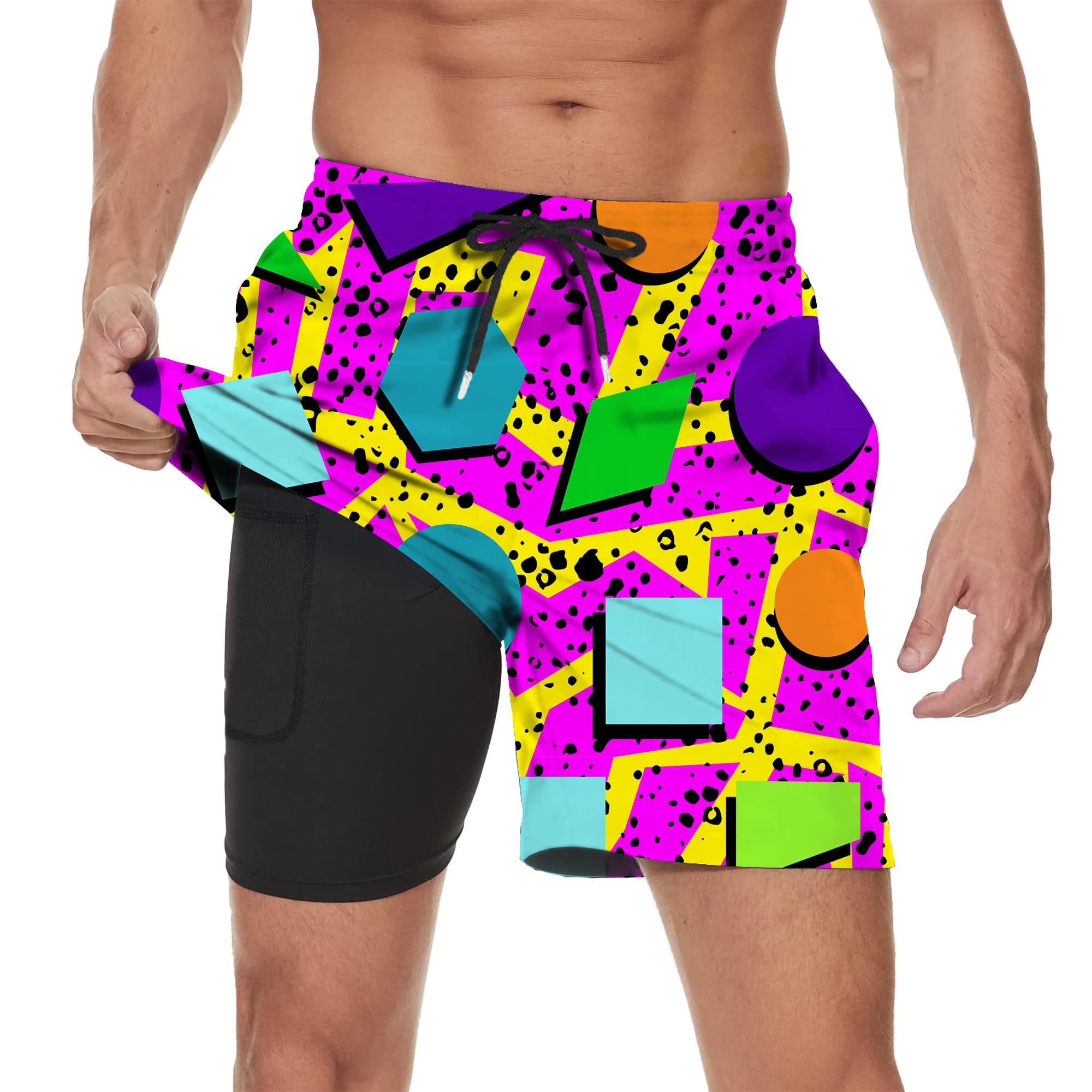 Vintage 80s Memphis Mens Beach Shorts Funny Elastic Waist Quick Dry Swim Trunks