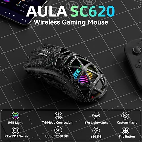 Vista 2 de Aula SC620 - Ratón inalámbrico para juegos, triple modo de 2.4 GHz/USB-C/BT5.3 con 12000 DPI, mouse macro gamer programable con llave de fuego