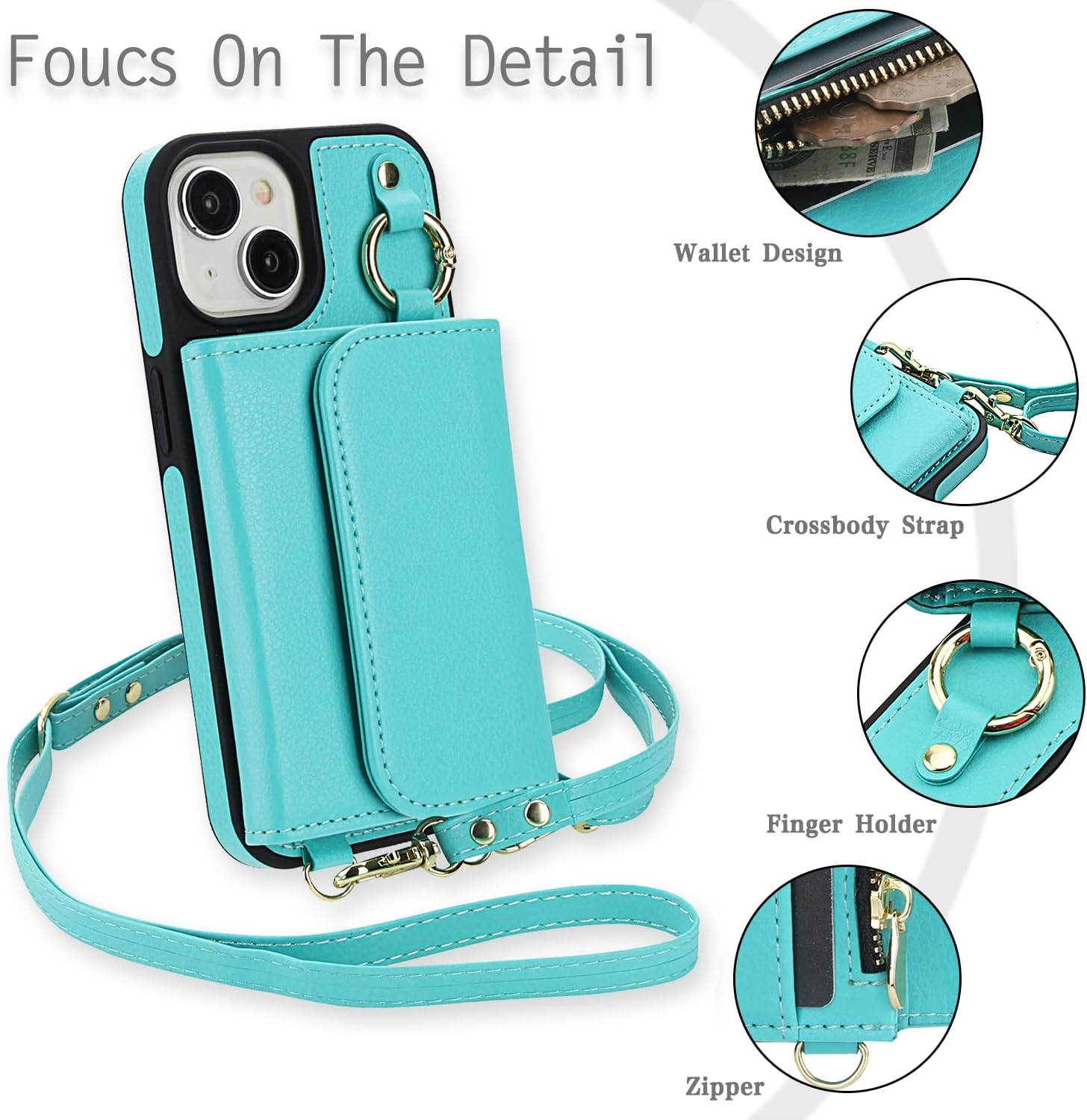 Phone Case for iPhone 15 Plus 6.7 inch Wallet Detachable Cover and Screen Protector Compatible with MagSafe Crossbody Lanyard Strap RFID Blocking Flip i Phone15 15+ i15 + 15Plus Women Men Green