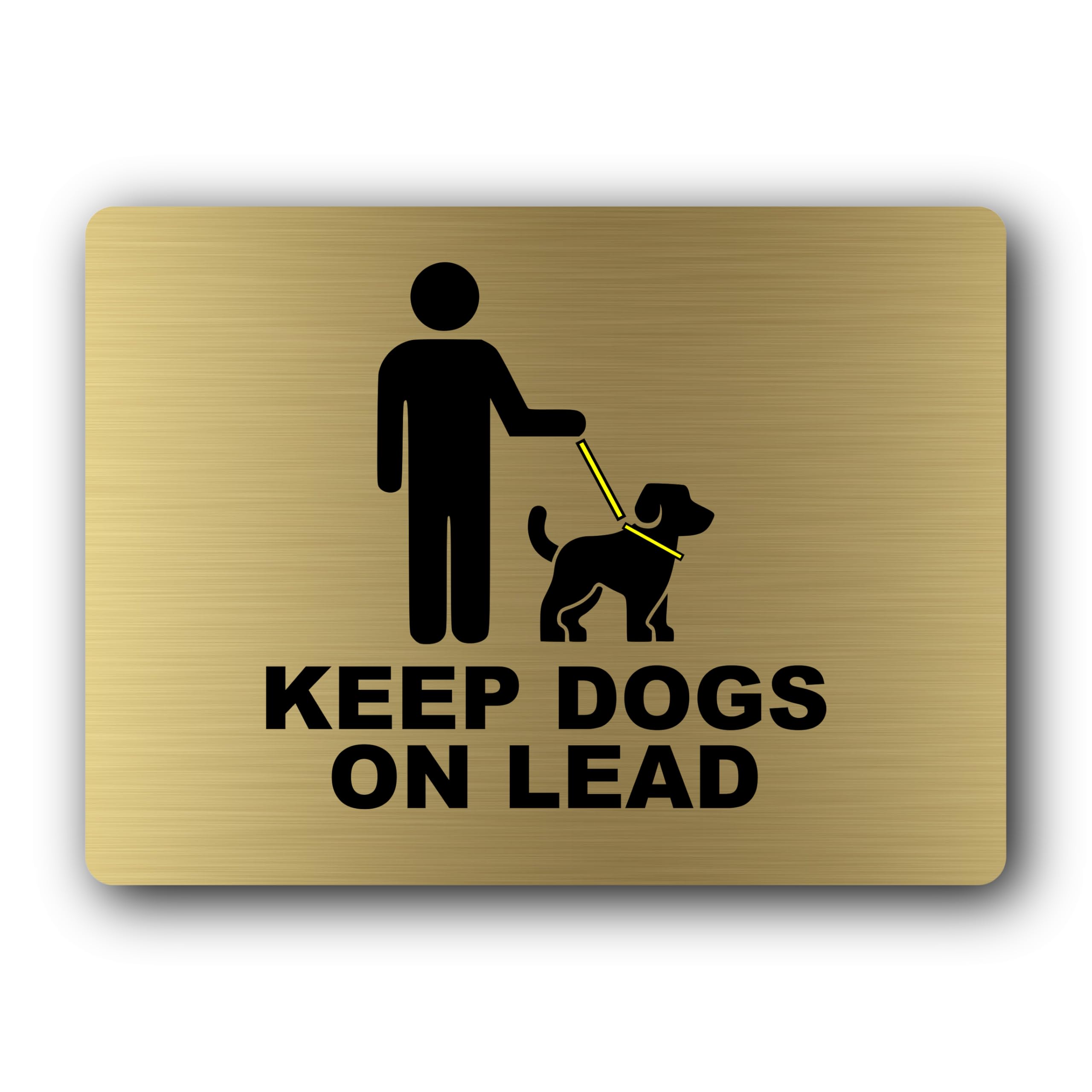 Keep Dogs on Lead Sign – 19x14cm Brushed Aluminium, Weatherproof, Self-Adhesive Gold Finish UV-Printed Pet Control Notice