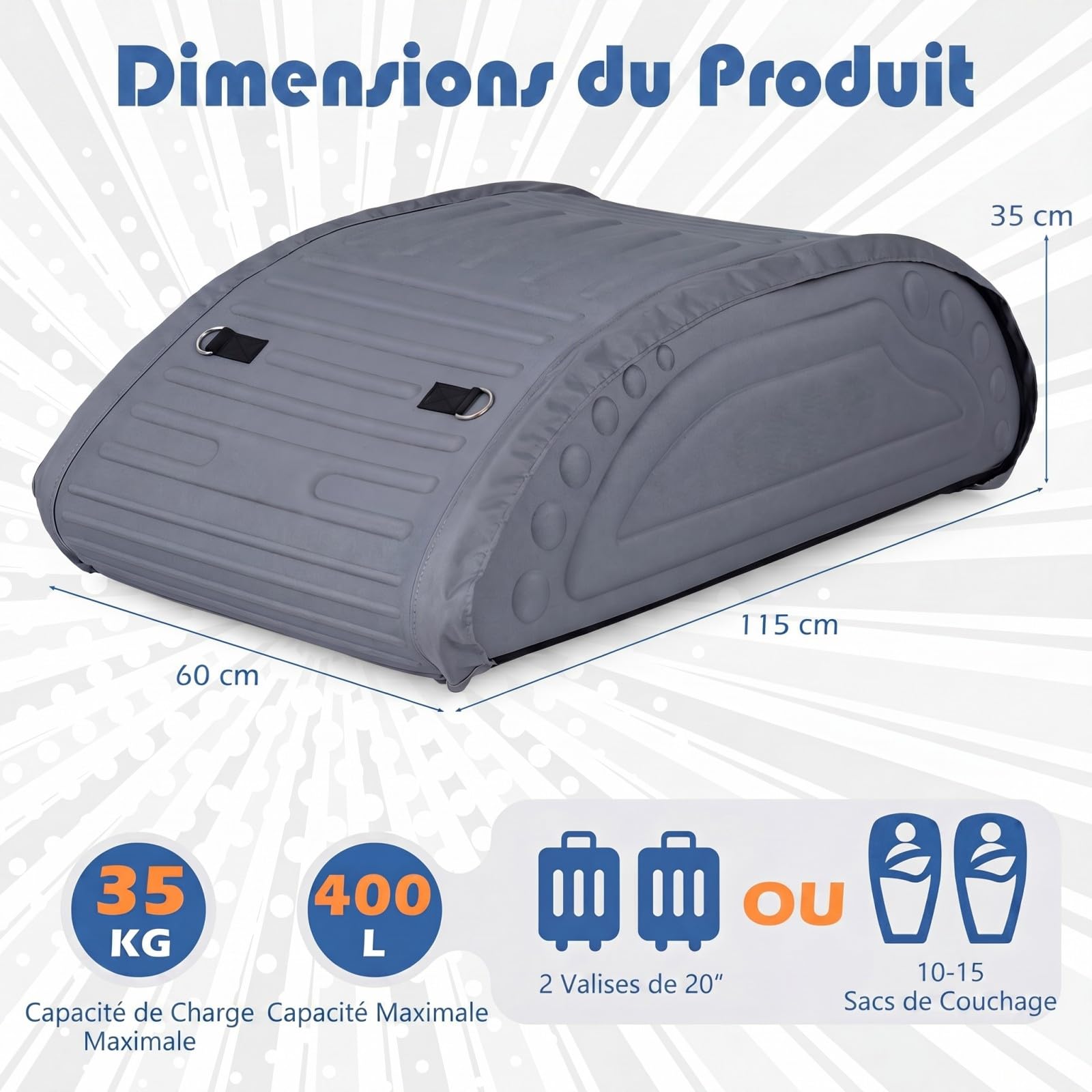 SOARS Coffre de Toit Voiture Pliable, Porte-Bagage Imperméable en PE Mousse 400 L, Coffre de Toit Souple avec 4 Sangles, Sac de Transport, pour Camionnettes, SUV, Camping-Car, 115 X 60 X 35 CM (Gris)