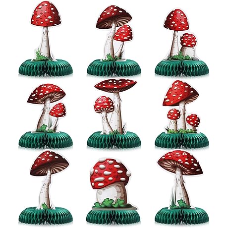 9-Piece Mushroom Wonderland Party Decor: Honeycomb Centerpieces and Table Topper Delight