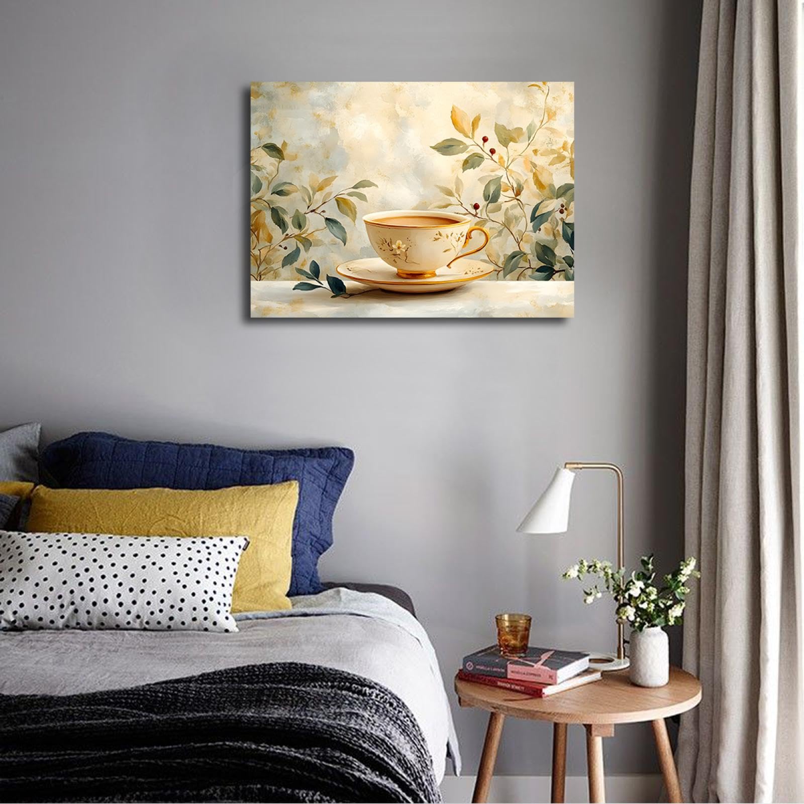 CHERHERART Lienzo de hoja botánica Arte de pared Exquisito juego de té café Impresión de cartel Elegante y acogedor Decoración de pared para restaurante Salón de té 75x100cm Marco interior