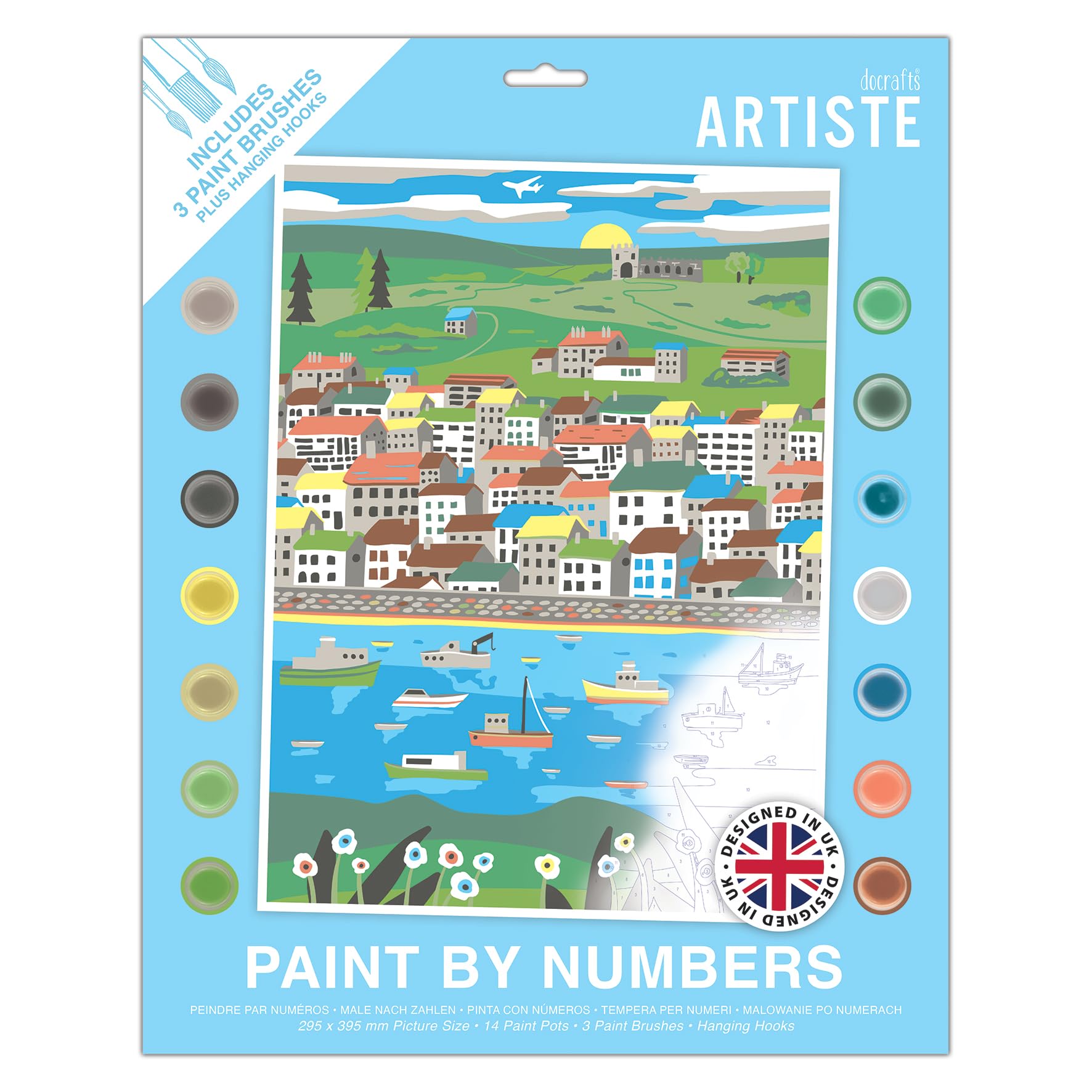 DOCRAFTS ARTISTE Large Paint by Numbers, Harbour Life, Summer Craft, 395x295mm Board 14 Acrylic Colour Paint 3 Size Brush Set, Adults Craft, Hobbies Craft, Number Coded Design, Personalised Art
