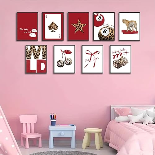 Miniatura 5 de 9 impresiones artísticas de pared de leopardo rojo de moda Funky Lucky 8 Ball Posters Preppy Cheetah Estética Decoración de Pared Cuadros Femenino