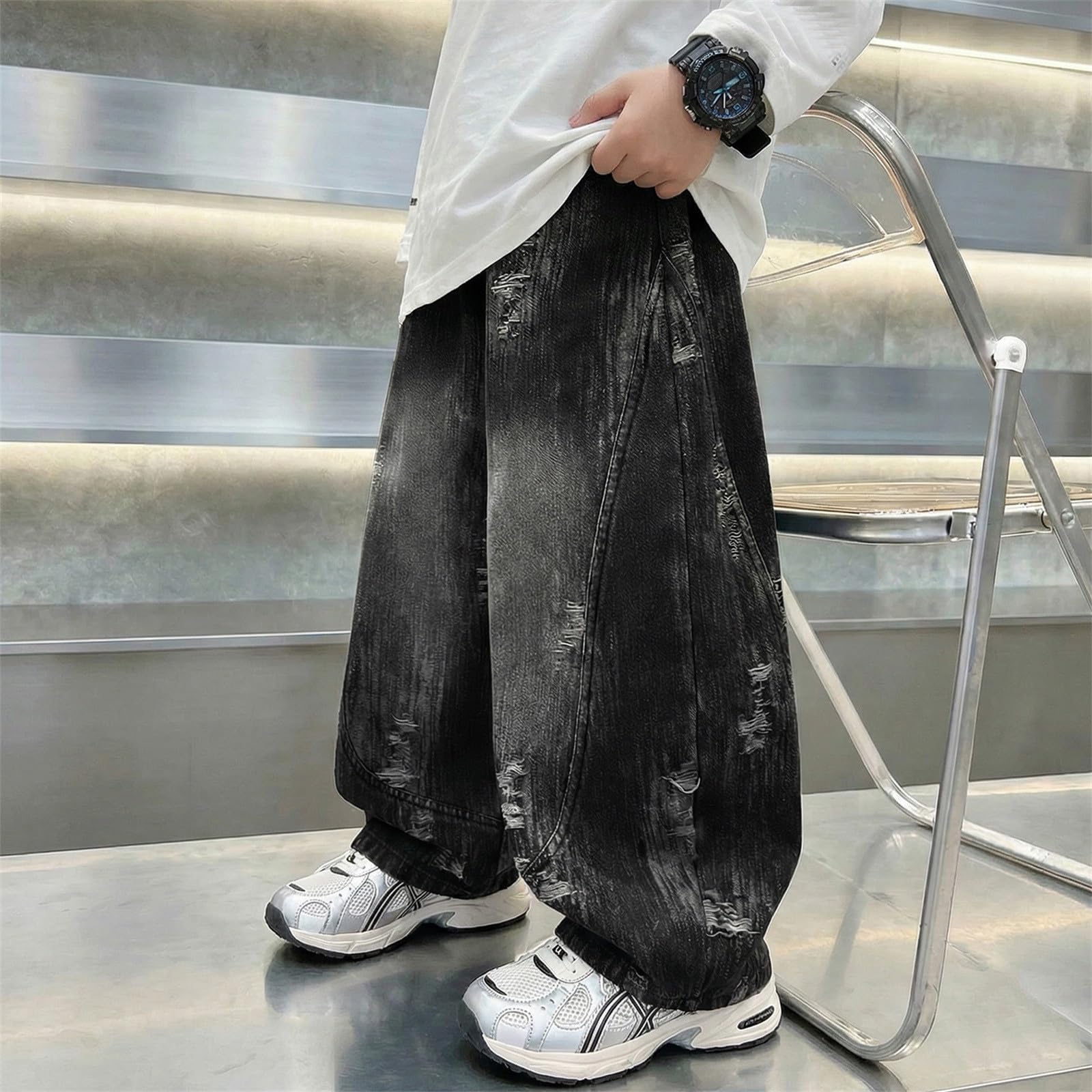Generico Pantalone Jeans Largo Bambino Elastica in Vita Comoda Elegante Pantaloni Ragazzi Estivi Casual Scuola Outdoor Streetwear Palestra Sportivi Sweatpants