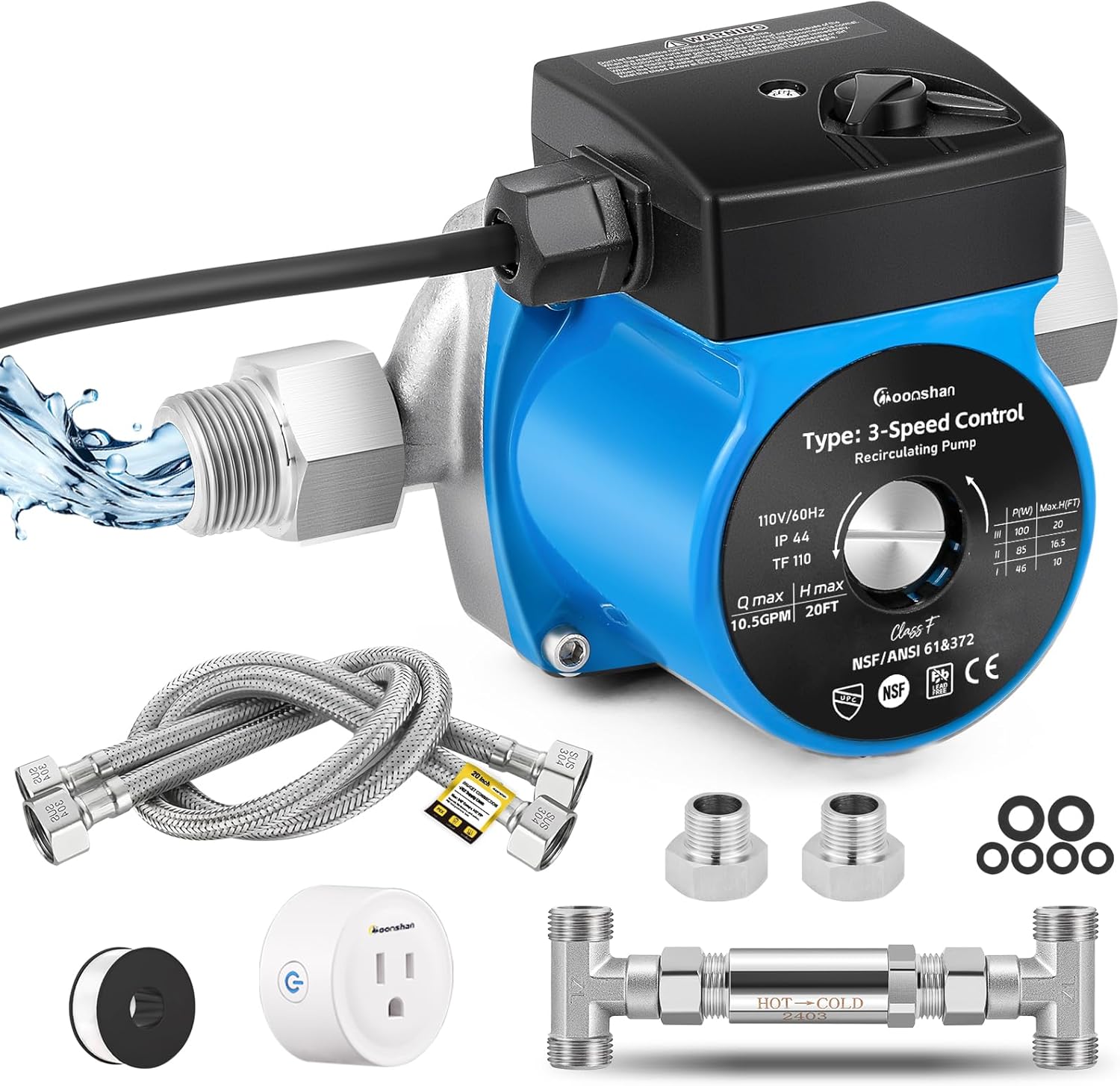 Instant Hot Water Recirculating Pump with Stainless Steel Sensor Valve 20-inch PEX Supply Lines Water Circulator Pump with Smart Plug for Tank Water Heaters 3-Speed Control Extremely Quite