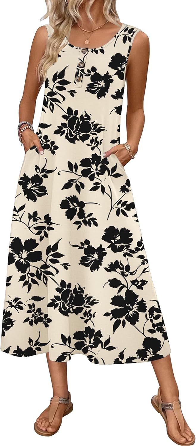 Zeagoo Women Summer Midi Dress 2026 Sleeveless Casual Beach Sundress Button Down Loose Spring Tank Dresses with Pockets