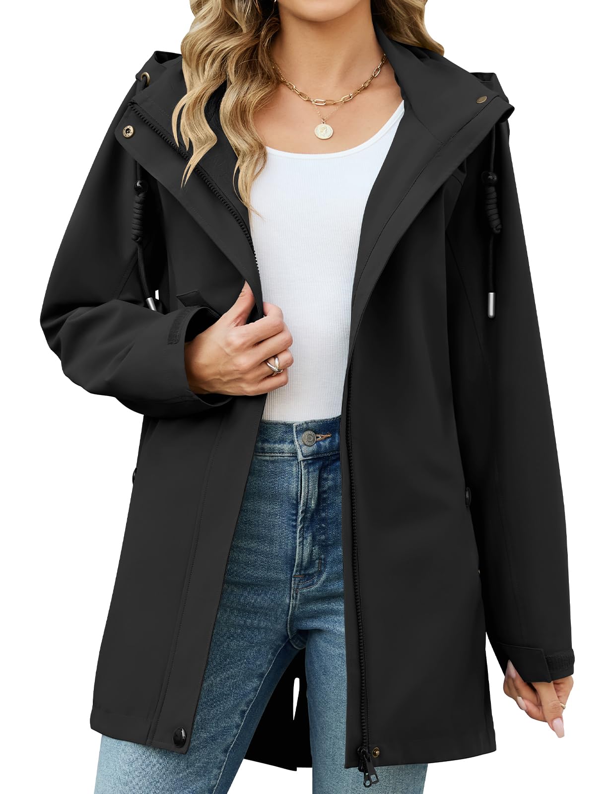 CMTOP Jacke Damen Lang Wasserdicht Winddicht Parka Reißverschlusstasche Übergangsjacke Abnehmbare Kapuze Softshelljacke Windbreaker Leicht Regenjacke für Frühling Sommer Herbst
