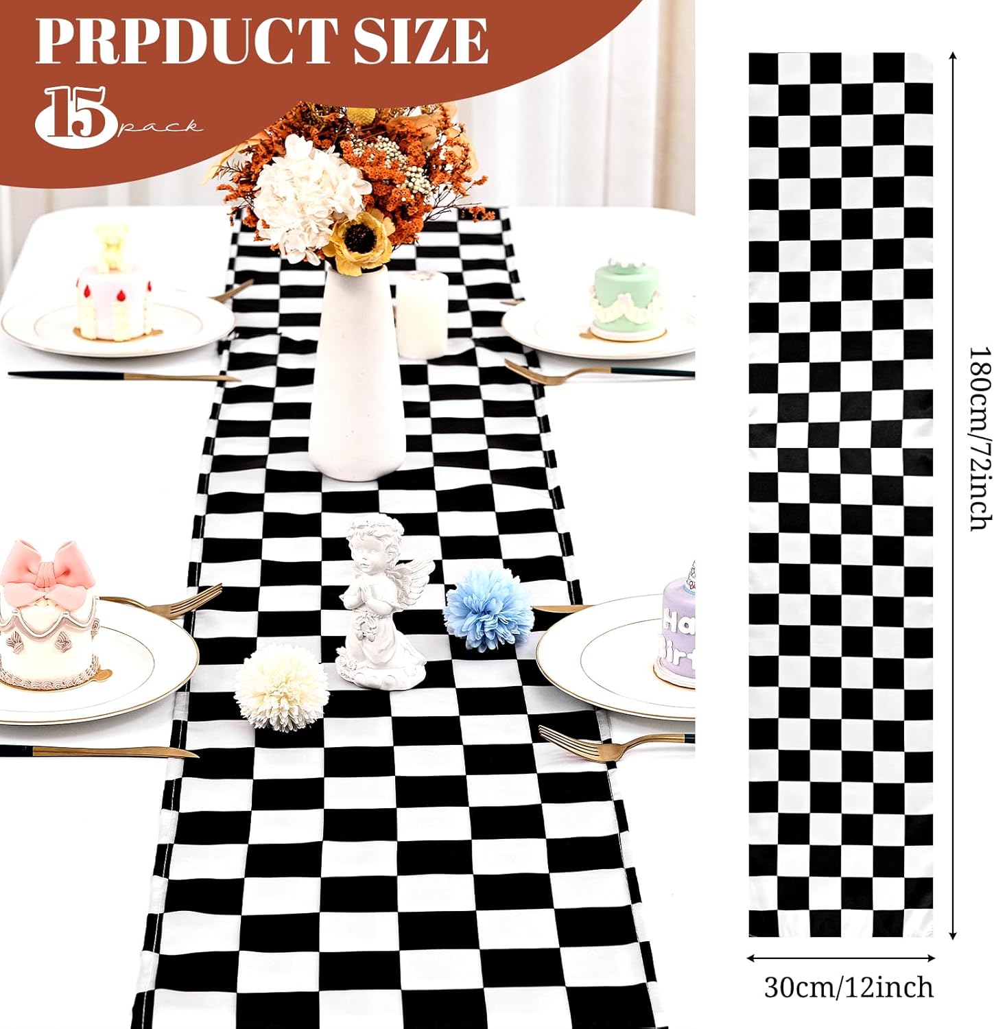 fani 15 Pack Checkered Table Runner Polyester Black and White Checkerboard Table Runner Classic Elegant Table Decor for Birthday Wedding Party Decorations Indoor Outdoor Events(12 x 72 Inch)