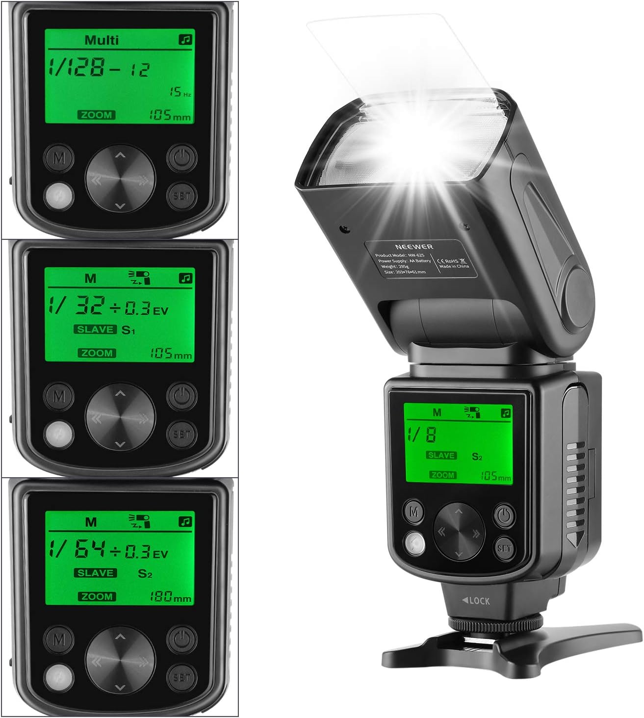Three images showing the LCD screen of the Neewer NW625 Speedlite Flash in Multi, S1, and S2 modes, displaying different power and zoom settings.