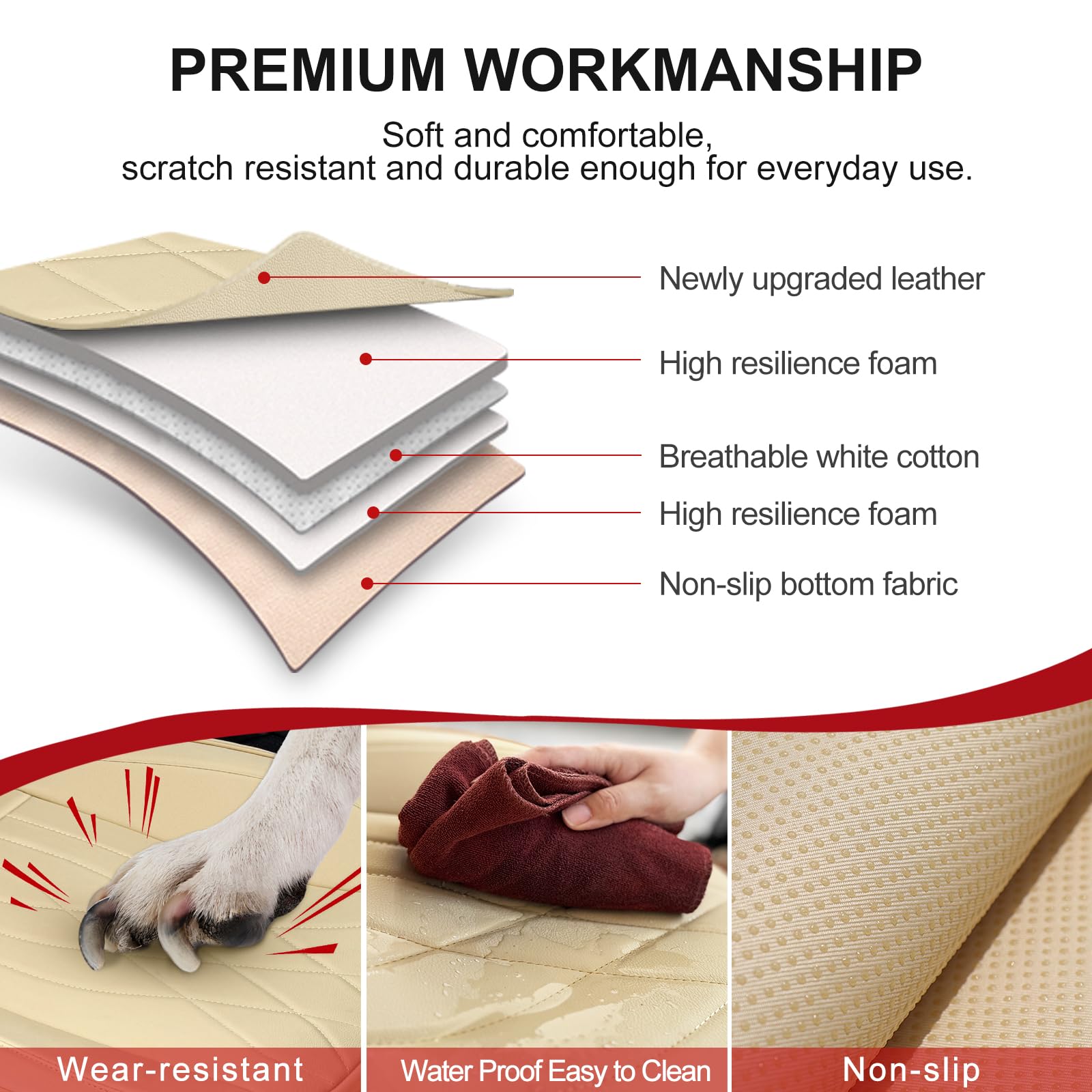 Sanwom 2 Pack Leather Front Car Seat Cover, Anti-Slip and Full Wrap Driver Car Seat Protectors with Storage Pocket, Luxury Waterproof Bottom Auto Seat Cushion Pad Mat for Most Vehicles (Beige)