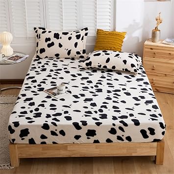 FCLDESHOP Fits Mattress Perfectly Soft Sheet,Thick Warm Solid Color Flannel Bed Sheets, Boys Girls Bedroom Animal Print Deep Pocket Mattress Topper Bed Cover,Cow,180cm200cm