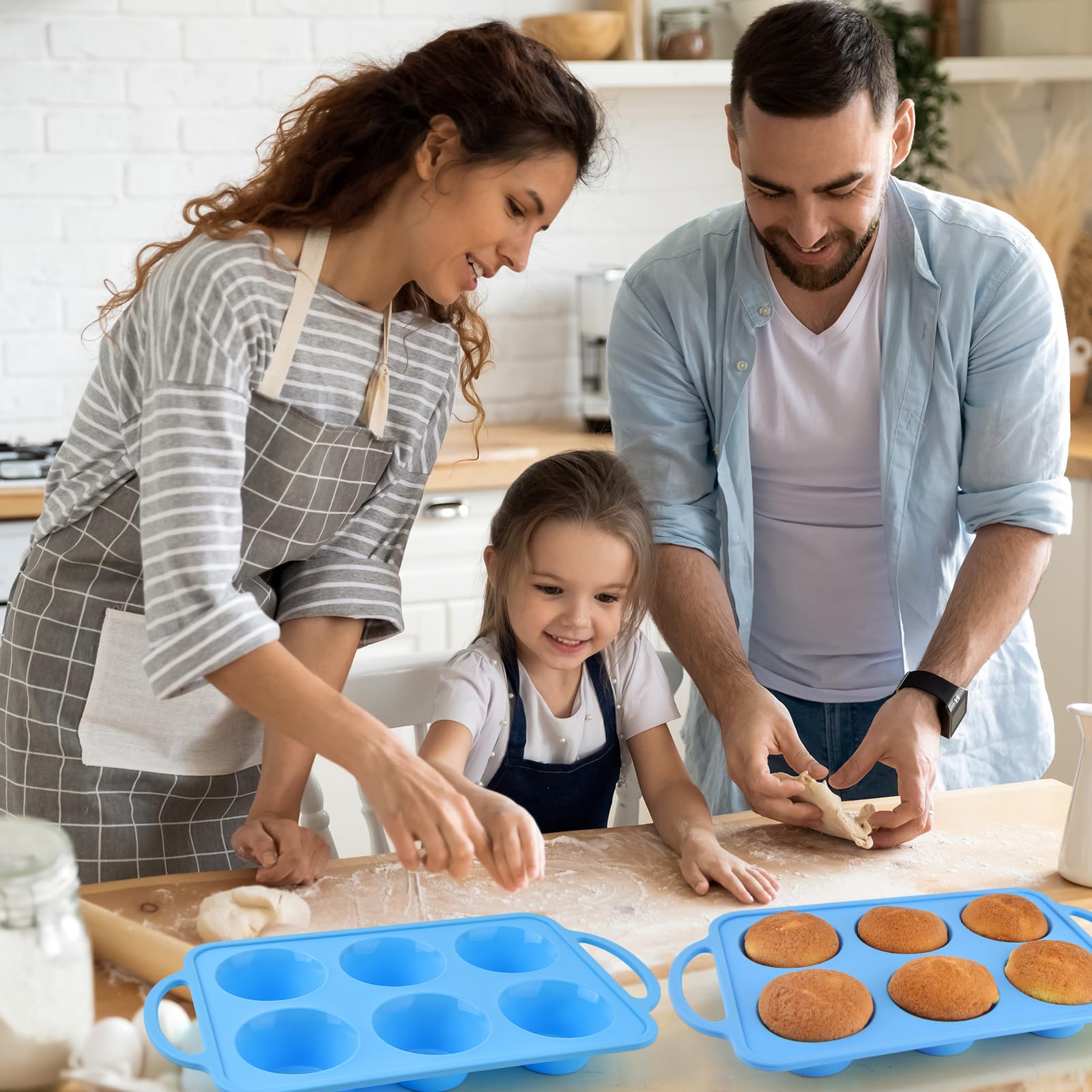 3 moldes de silicona para cupcakes con marcos de metal, 6 tazas, moldes de silicona antiadherentes para hornear magdalenas, bandeja de silicona para magdalenas, mini molde para magdalenas (azul)