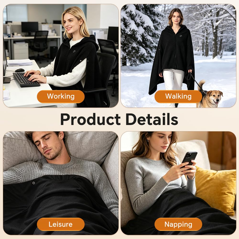SkyFace Coperta Indossabile Termica Elettrica, scialle riscaldata USB | 3 Livelli di Temperatura Coperta Riscaldabile Indossabile Poncho Mantella con Chiusura a Bottone per Casa Ufficio