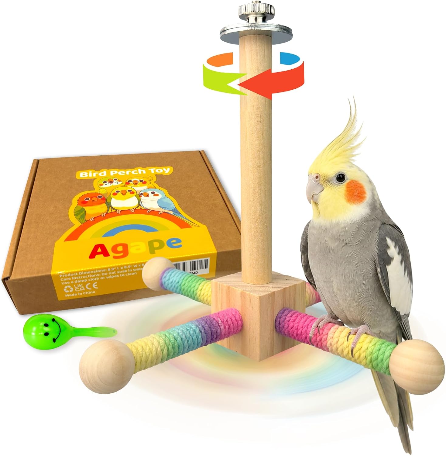 Agape 360° Rotating Bird Perch Stand, Wooden Parrot Exercise Toy | Bird Cage Accessory for Small-Medium Birds: Parakeets, Cockatiels, Lovebirds, Conures, Finches, Budgies, Parrotlets, Quakers