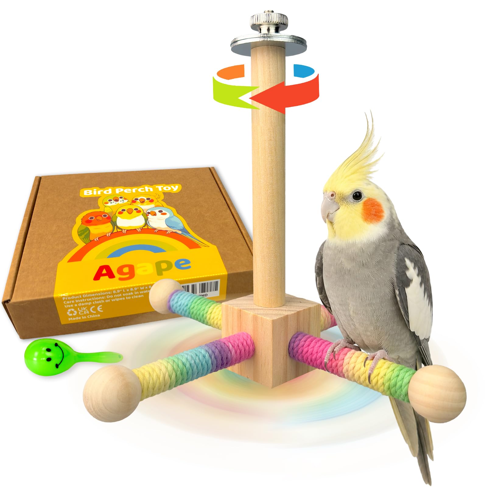Agape Juguete de perca para pájaros, juguete giratorio interactivo de 360°, accesorios para jaula de pájaros para loros pequeños y medianos para gastar energía, soporte de madera para periquitos,
