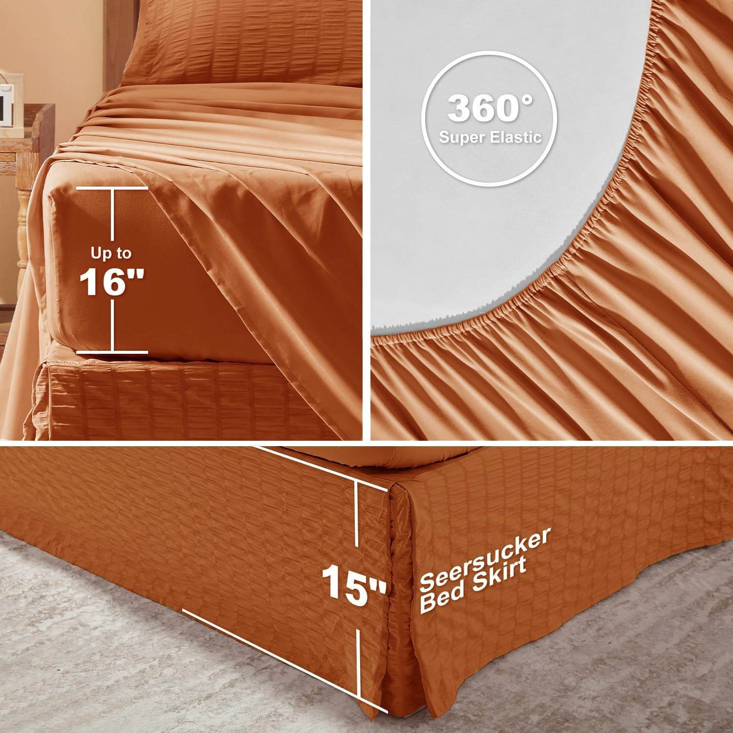 Laojin Balhen Queen Comforter Set 8 Piece, Seersucker Bed in a Bag Queen, Burnt Orange Comforter with Sheets, Comforters Queen Size Bedding Sets with Comforter, Sheets, Pillowcase & Sham and Bed Skirt