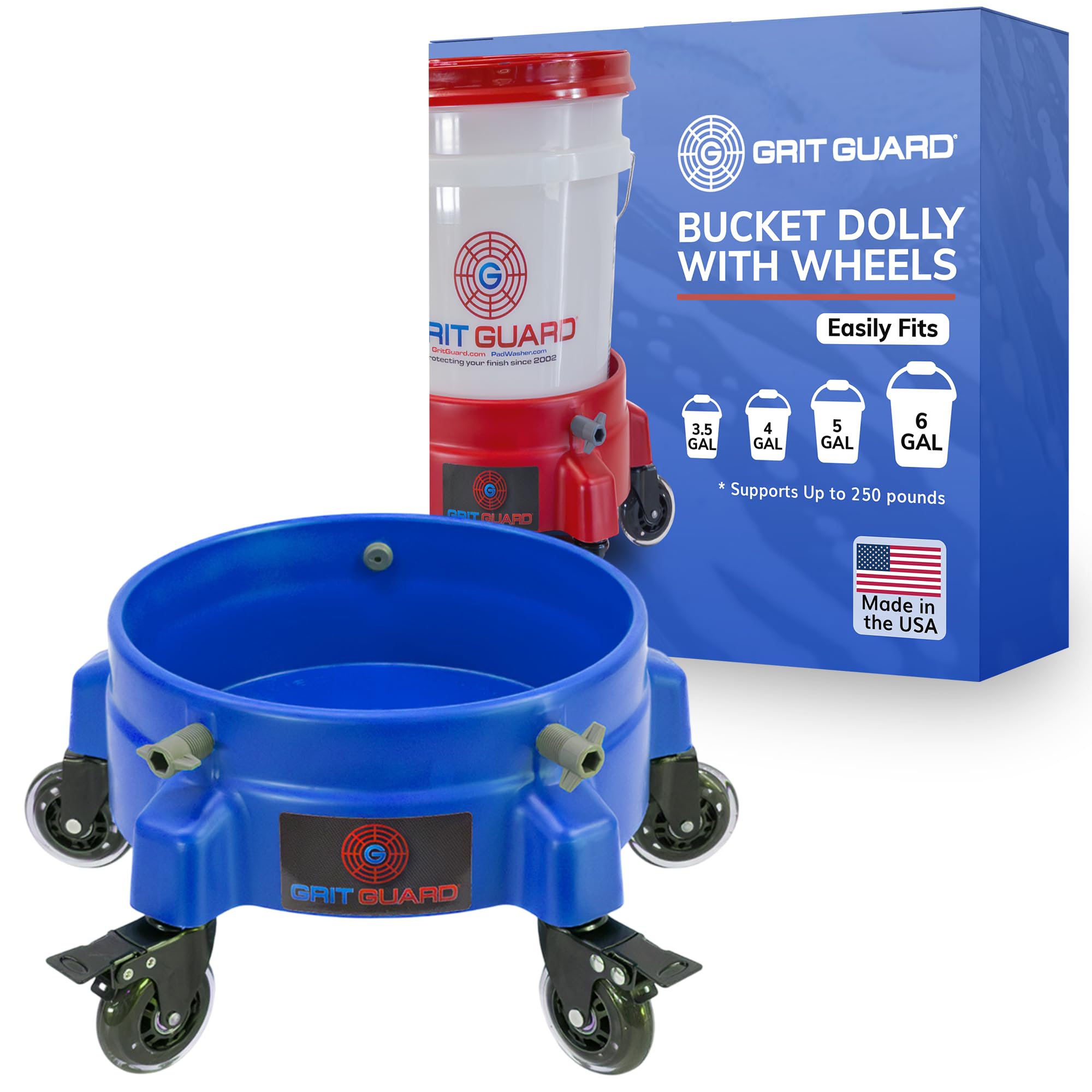 Grit Guard Bucket Dolly with Wheels - Rolling Detailing Wash Bucket with 5 Wheels and 2 Locking Casters Compatible with 2.5, 4, 5 and 6 Gallon Buckets