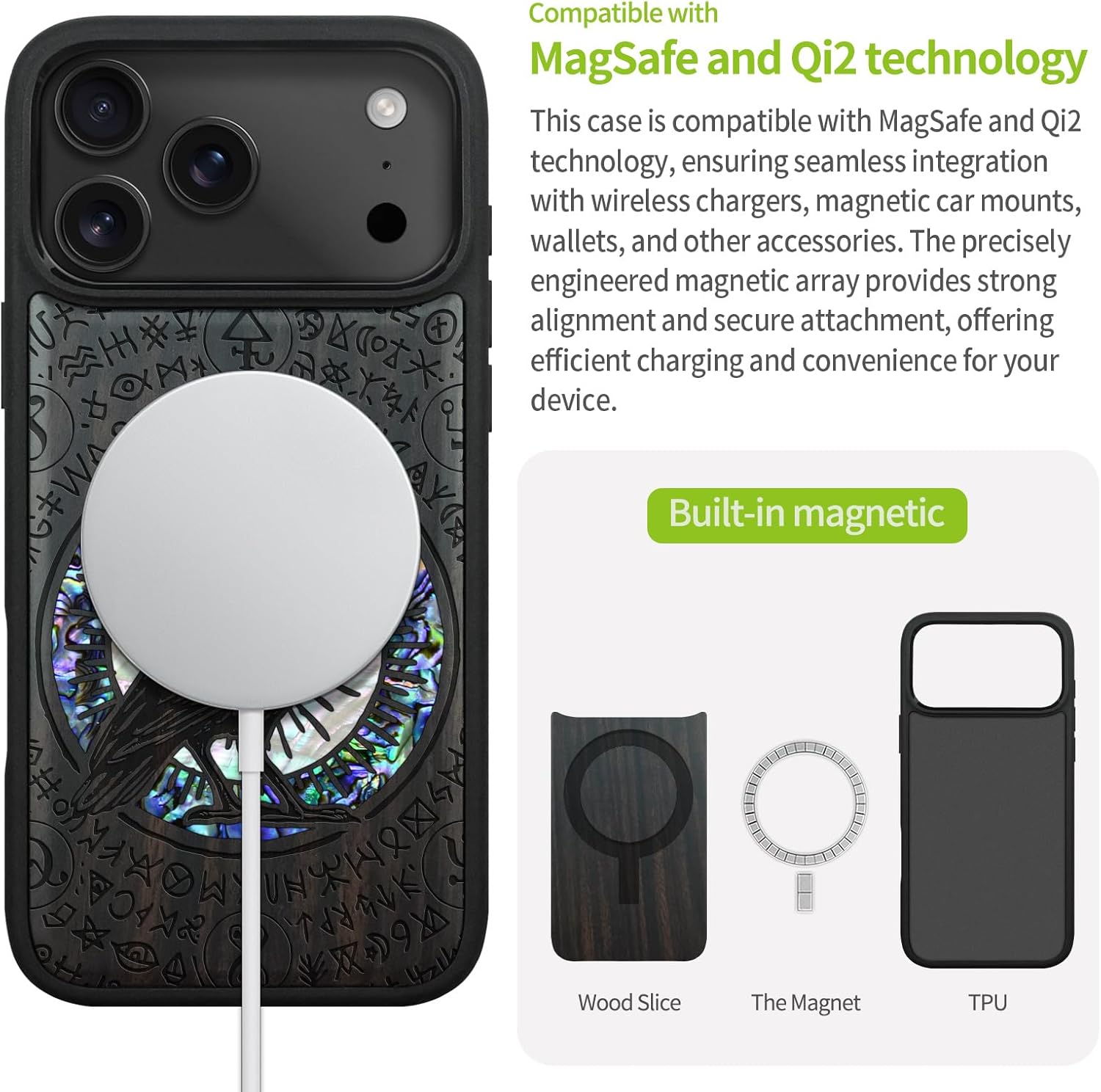 Carveit Magnetic Case for iPhone 17 Pro Max Case, Wood Artisan Engraved & Handmade Shell Inlaid, TPU Shockproof Cover, Compatible with MagSafe Wireless Chargers (The Haloed Crow-Blackwood)