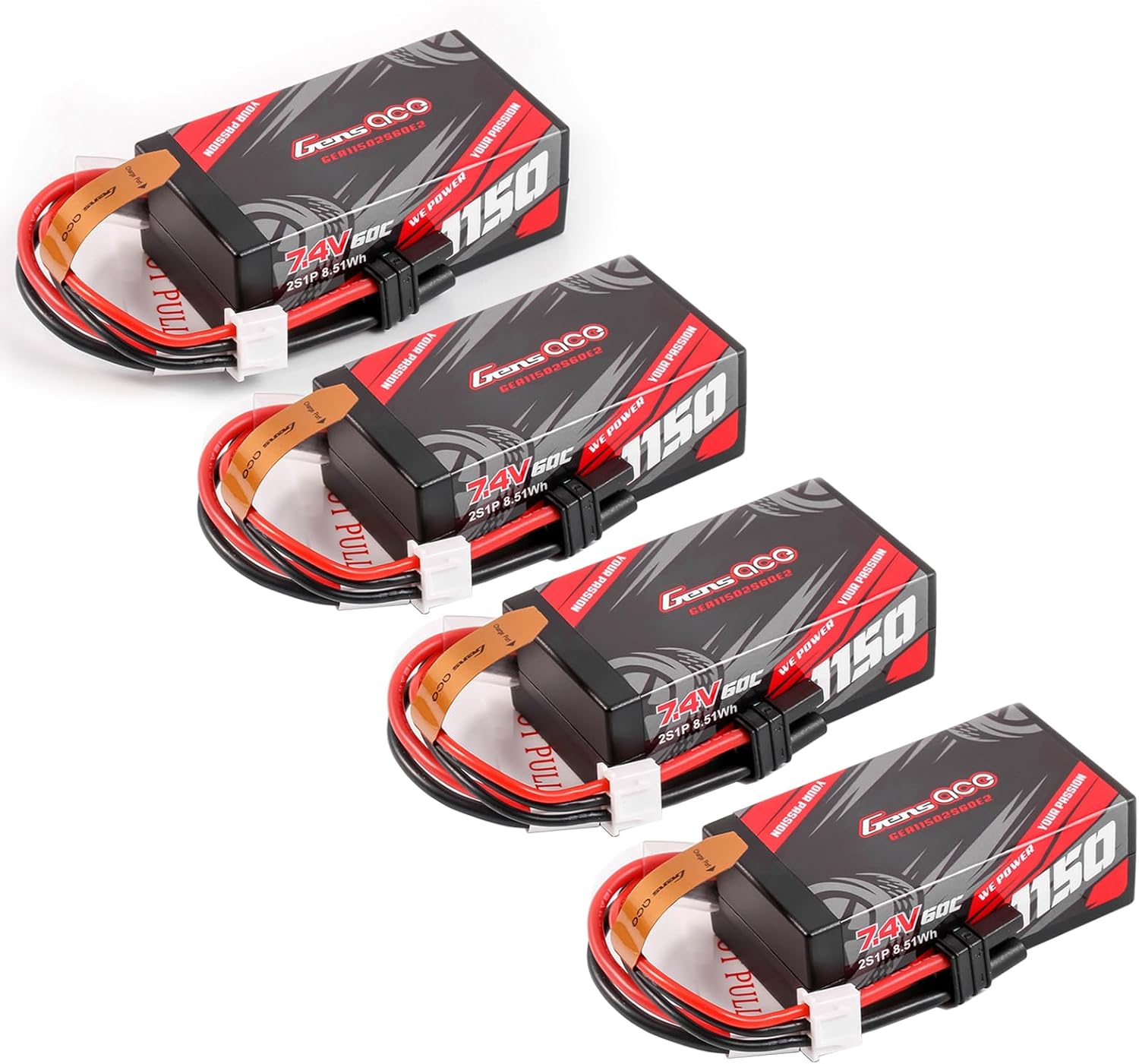 Gens ace 1150mAh 60C 7.4V HardCase 2S Lipo Battery with IEC2 Plug(4Pcs)