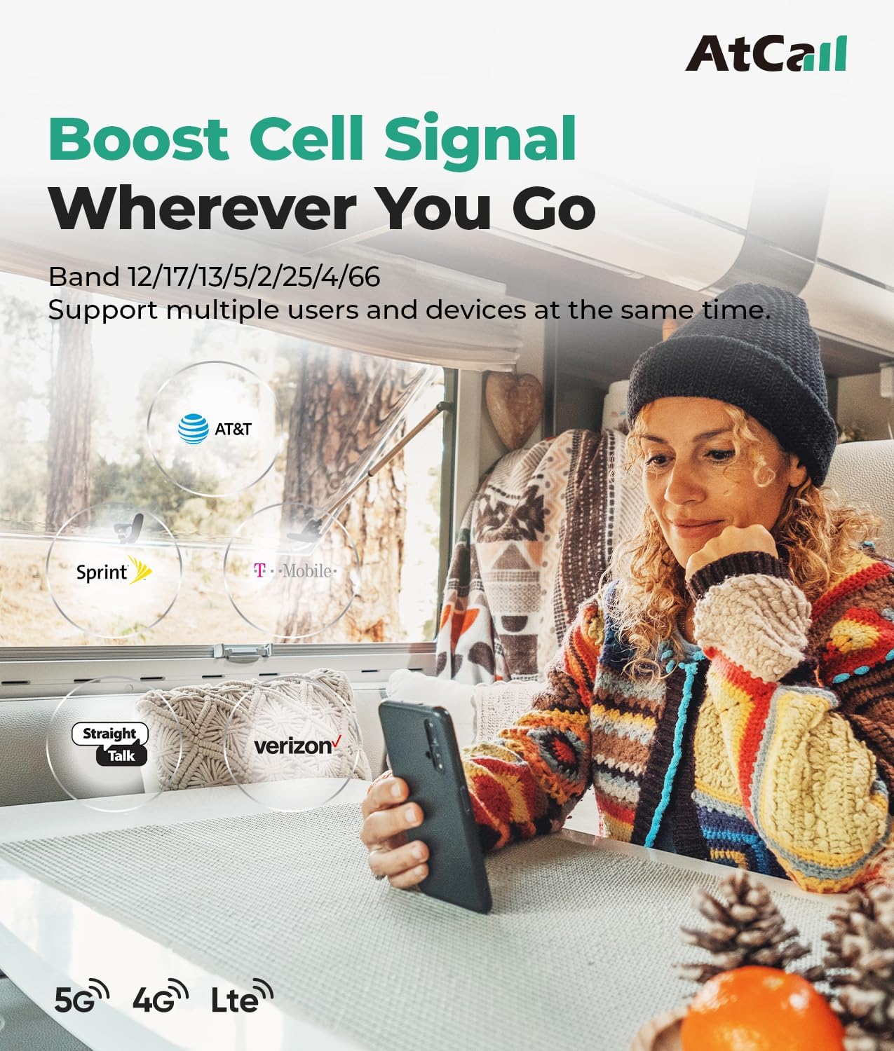 Cell Phone Booster for RV Truck, Support All U.S. Carriers Verizon AT&T T-Mobile 5G 4G LTE, Omni-Directional RV Cell Phone Booster FCC Approved