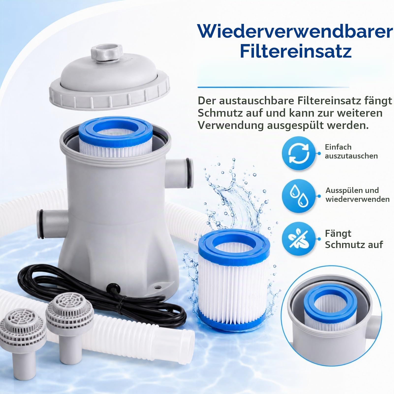 330 GPH Pool Filterpumpe oberirdisch, 16W Pool Filterpumpe Komplettset mit Schlauch - Klare Wasserzirkulation, leise versiegeltes ABS-Design für kleine bis mittlere Pools