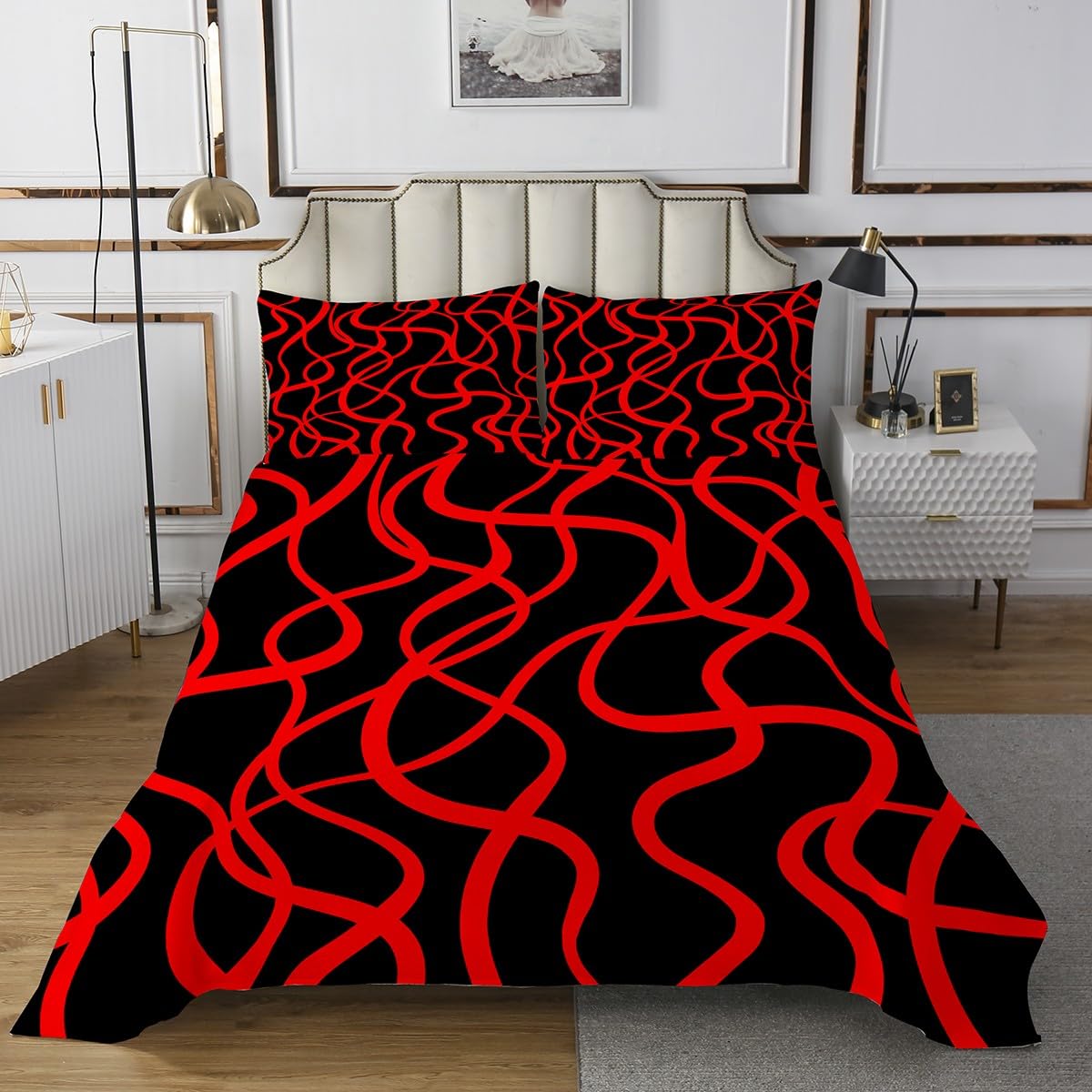 Red Lines Bedspread Queen Size, Abstract Wavy Stripes Coverlet Set 3pcs, Modern Geometric Black Red Quilted Coverlet with 2 Pillowcases, Kids Boys Girls Teens Room Decor, Soft Bedding Quilt
