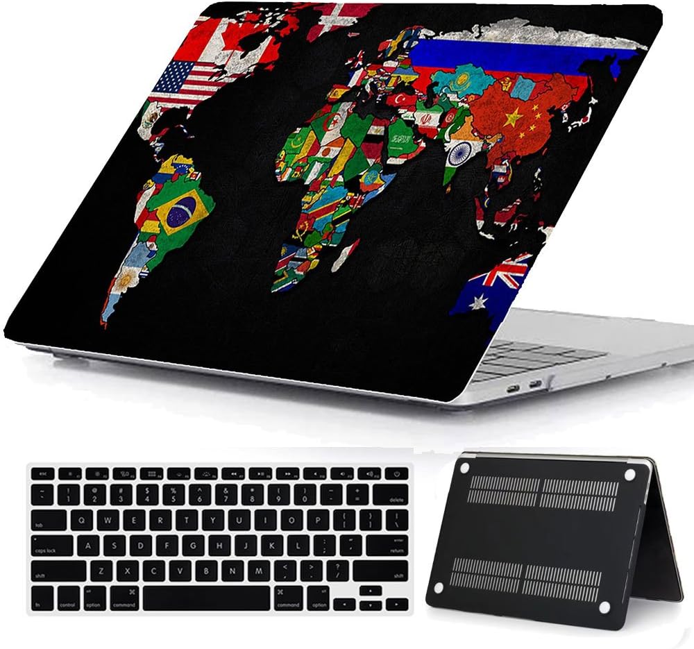 Bizcustom World Map Flags Customized Paint Hard Black Rubberized Case Cover for MacBook Pro 15.4 Model: A1990/A1707 with Retina Display &Touch Bar